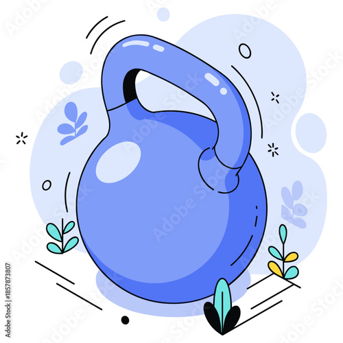 Blue kettlebell with abstract leaves on light background