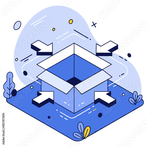 Isometric open box illustration with arrows and abstract elements