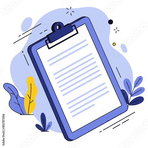 Abstract clipart of a clipboard with decorative elements and leaves