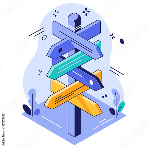 Colorful directional signpost with multiple arrow signs