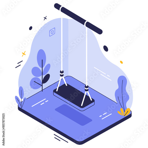 Minimalist 3d swing illustration in cool blue tones with geometric elements