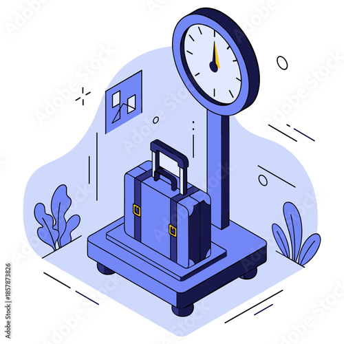 Suitcase on a platform scale illustration with geometric shapes and plants
