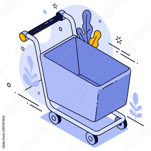 Minimalist shopping cart illustration in blue and white tones