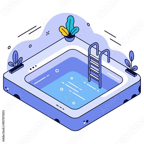 Isometric illustration of a backyard pool with ladder and plants