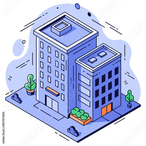 Isometric illustration of modern office buildings with trees and bushes