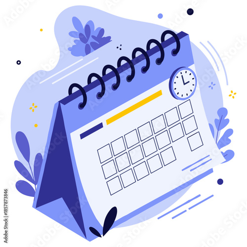 Purple desk calendar with clock and floral background