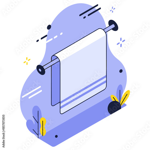 Minimalist blue and white towel hanging on rack in abstract design