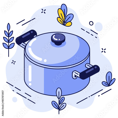 Stylized cooking pot with lid and decorative leaves in blue tones
