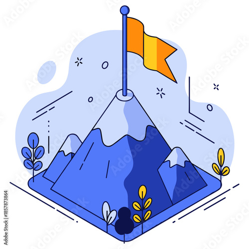 Abstract mountain landscape with flag and snow-capped peaks