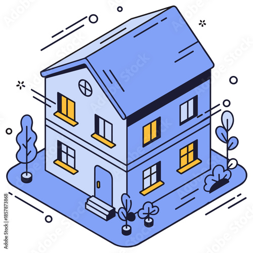Blue isometric illustration of a two-story house with trees and windows