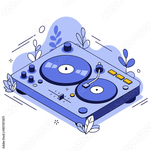 Stylized blue dj turntable with abstract leaves and geometric accents