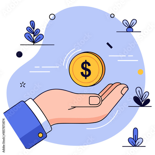 Hand holding coin against abstract background with blue elements
