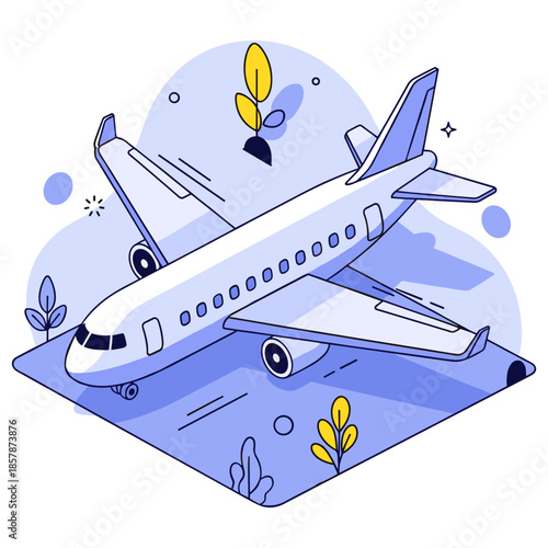 Cartoon airplane illustration with blue background and yellow leaves