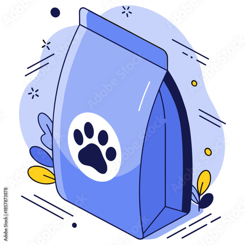 Blue pet food bag with paw print and decorative elements