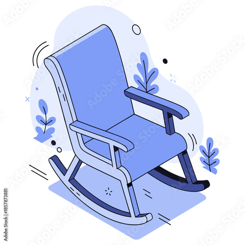 Blue rocking chair with abstract leaves and geometric elements