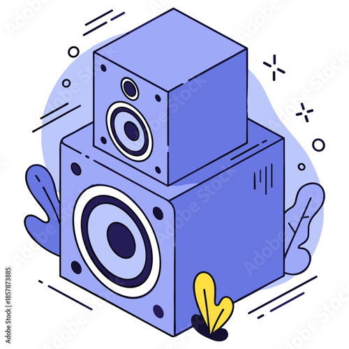 Stylized illustration of stack of blue audio speakers with abstract background