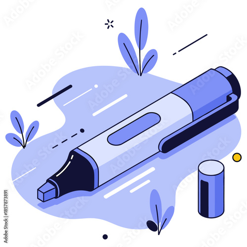 Isometric blue highlighter marker with cap on white background