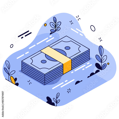 Stack of cash in flat style illustration with blue tones and floral elements