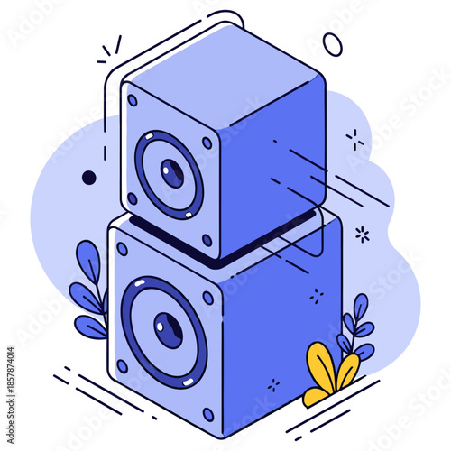Stylized purple stack of speakers with abstract floral elements