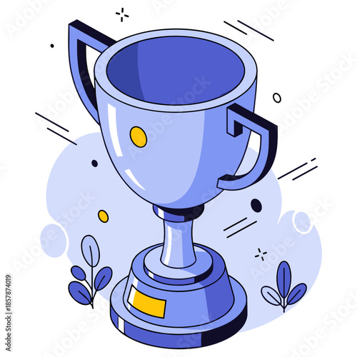 Blue trophy cup with abstract design and decorative plants