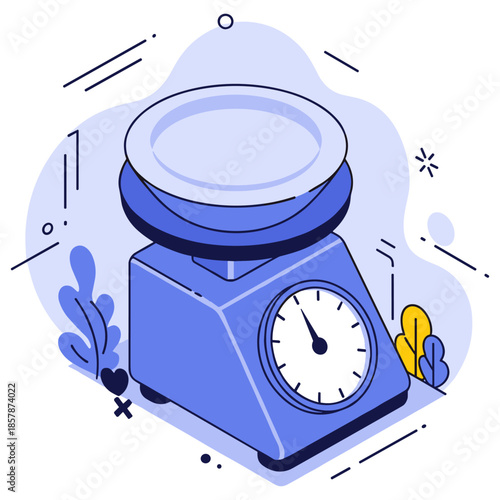 Vintage blue kitchen scale with clock face and decorative elements