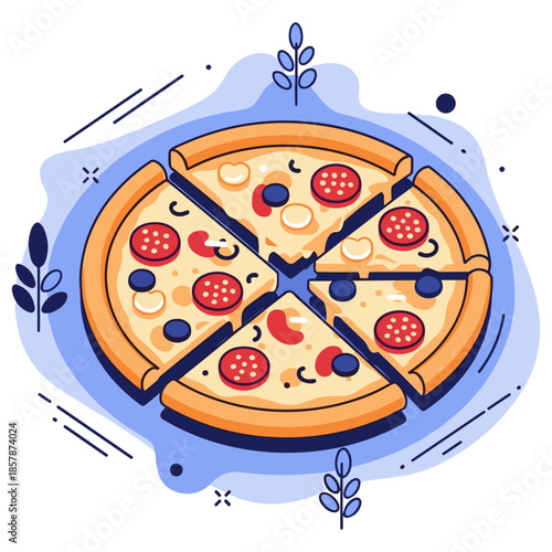 Delicious pepperoni and olive pizza with illustrated toppings in vivid colors