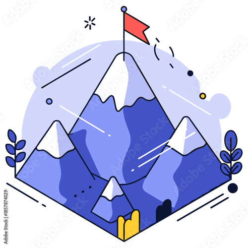 Abstract mountain illustration with red flag and geometric patterns