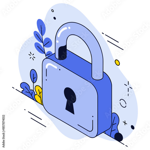 Blue padlock with keyhole surrounded by abstract leaves and shapes
