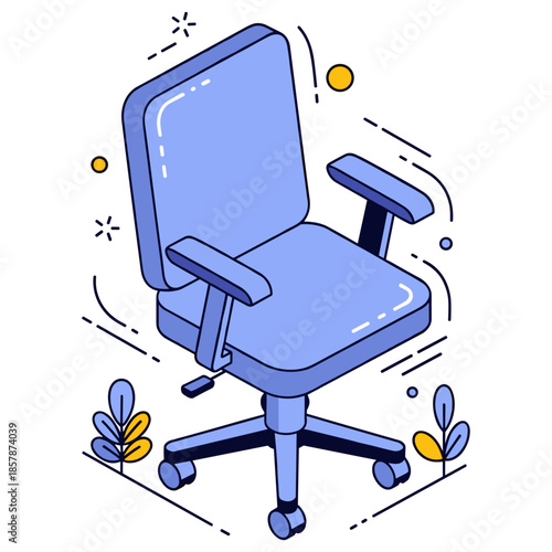 Blue office chair with adjustable armrests and wheels in minimalist design