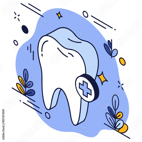 Cartoon tooth with medical cross and decorative elements