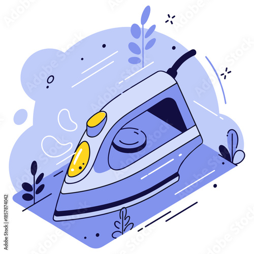 Modern cartoon iron with steam and abstract leaves on blue background