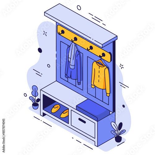 Isometric hallway closet with coats, shoes, and plants in blue and yellow tones