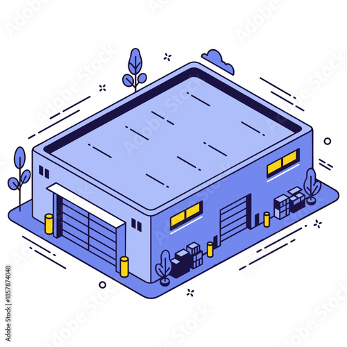 Isometric illustration of a modern warehouse with boxes and trees