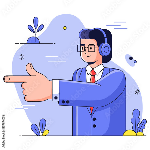 Young caucasian male in suit with headphones gesturing with hand