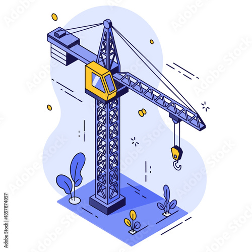 Modern construction crane illustration with geometric design in blue tones