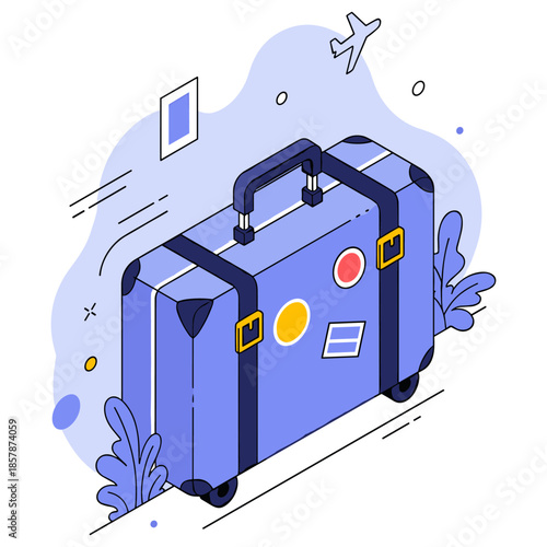 Colorful luggage with travel stickers and flying plane