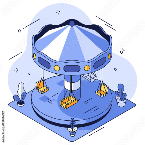 Blue cartoon carousel in amusement park with empty swings and decorative plants