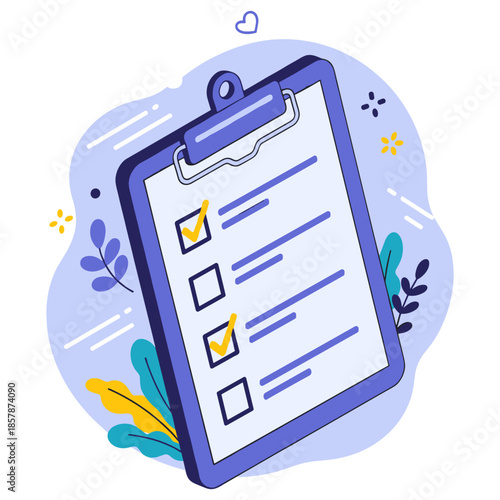 Illustrated checklist on purple clipboard with floral accents