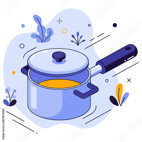 Blue saucepan with lid on abstract background with plants and decorative elements