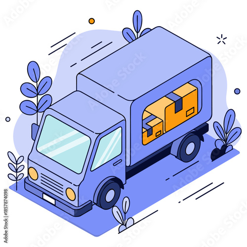 Illustrated moving truck with cargo boxes surrounded by leaves and designs