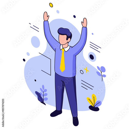 Illustrated young caucasian male celebrating in a business attire with blue and yellow accents