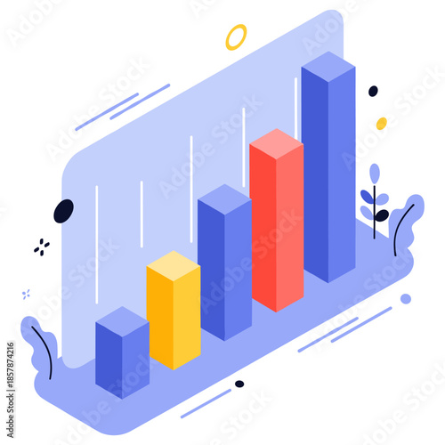 Colorful 3d bar graph illustration with blue and yellow trend lines