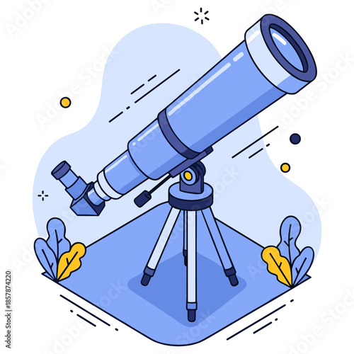 Blue telescope illustration with tripod and decorative elements