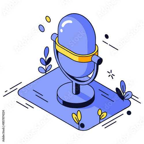 Isometric illustration of a classic microphone with abstract elements in blue and yellow
