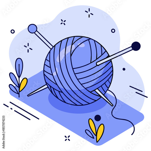 Blue yarn ball with knitting needles and decorative plants in minimalist design