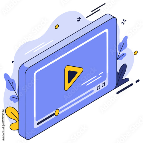 Blue media player interface with play button and leaf accents