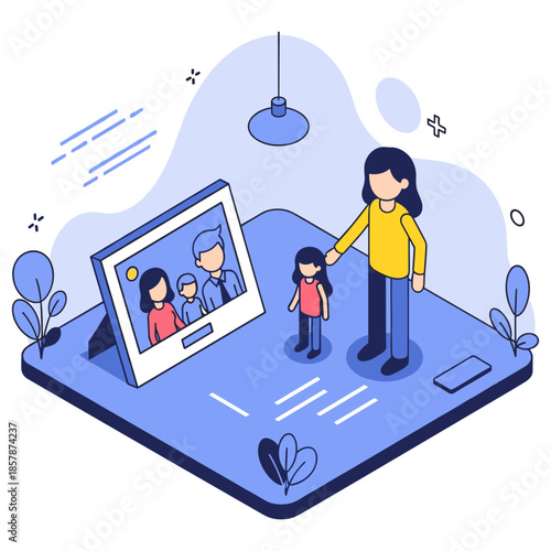 Female adult and child with family portrait in modern illustration