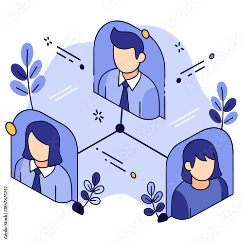 Connected network of professionals in abstract blue graphics