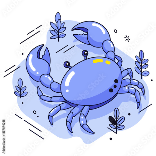 Cute blue cartoon crab with claws and seaweed on white background