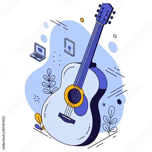 Modern vector drawing of guitar with laptop and plants on blue background